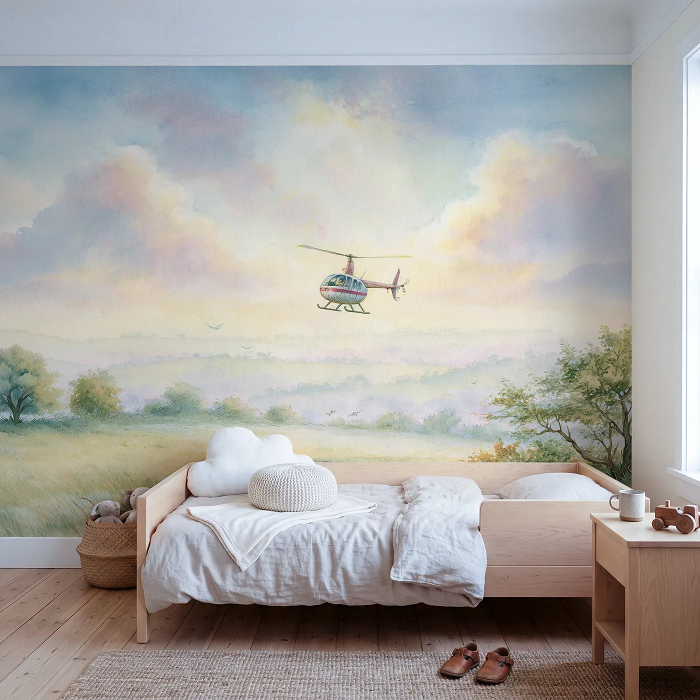Chalk-pastel wall mural of a little helicopter by Whimsy Tots