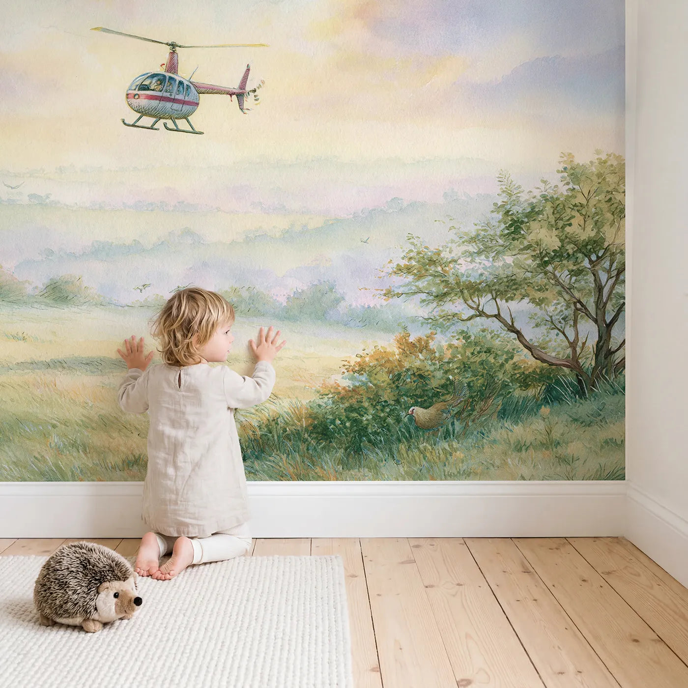 Child in nursery with Little Helicopter Wallpaper Mural by Whimsy Tots