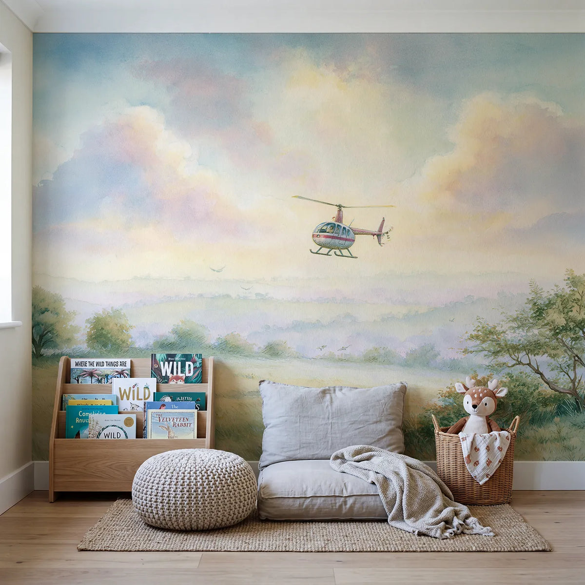 Little Helicopter Wallpaper Mural in playroom setting by Whimsy Tots