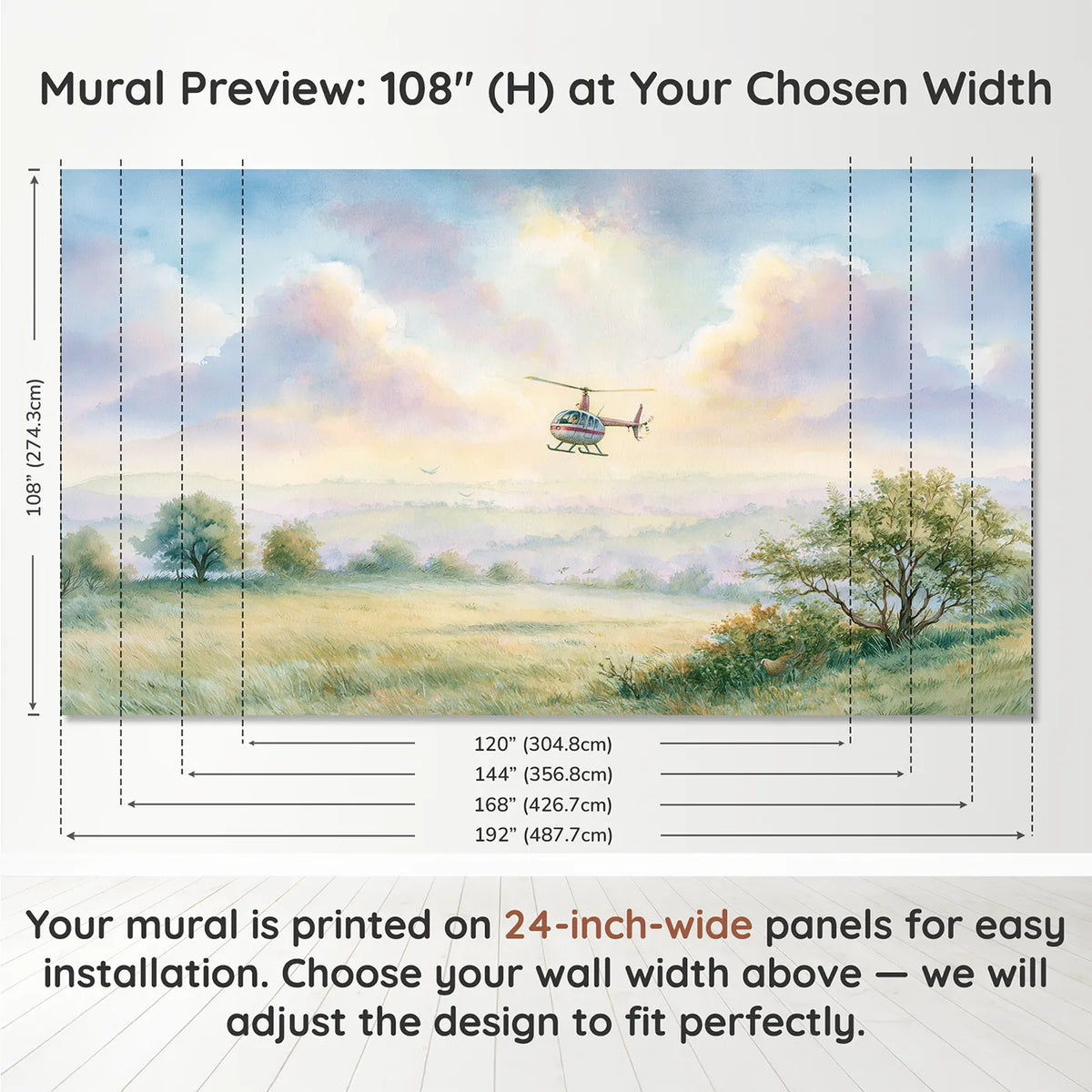 Panel layout and dimensions for Little Helicopter Wallpaper Mural by Whimsy Tots