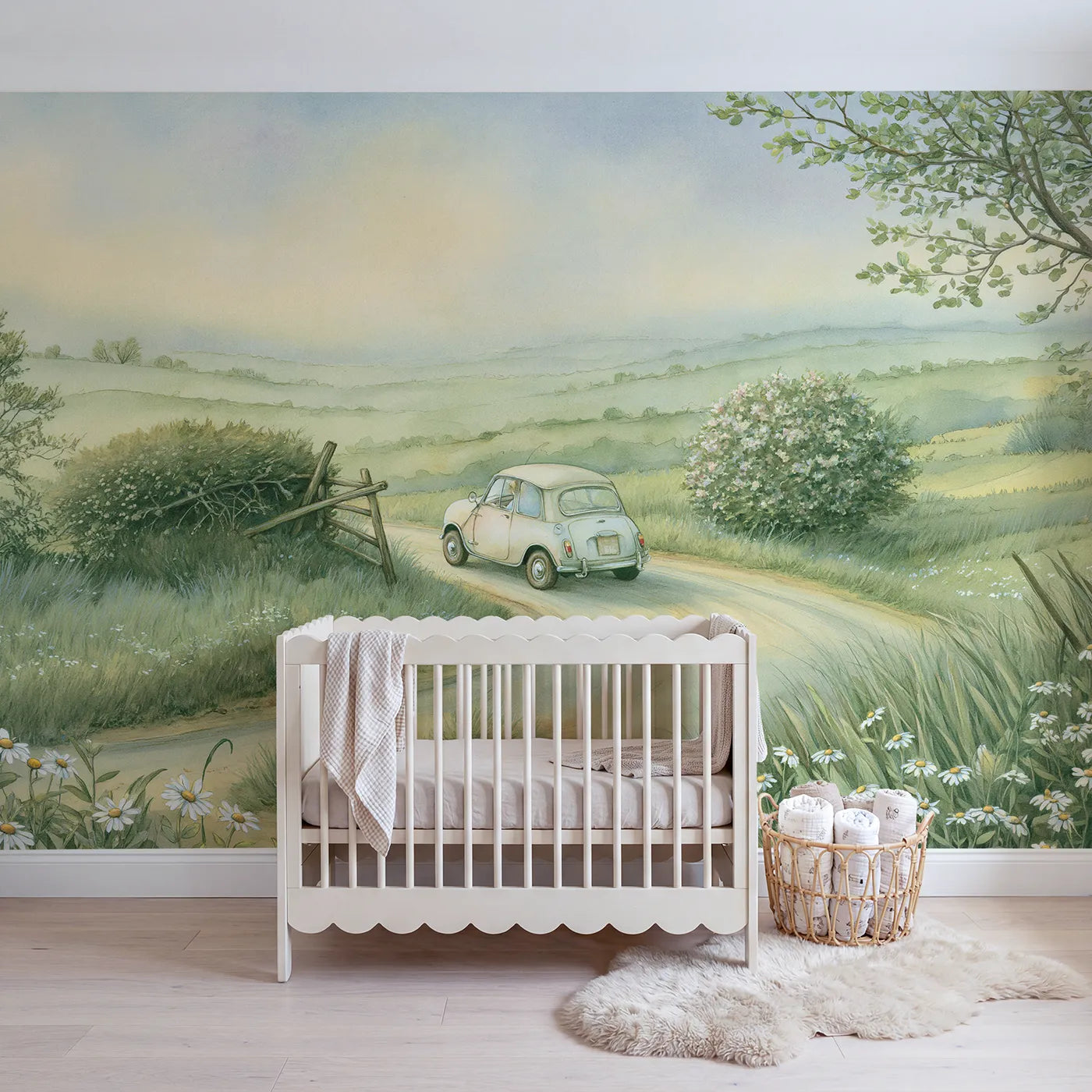 Storybook wall mural of a little car on a country lane by Whimsy Tots