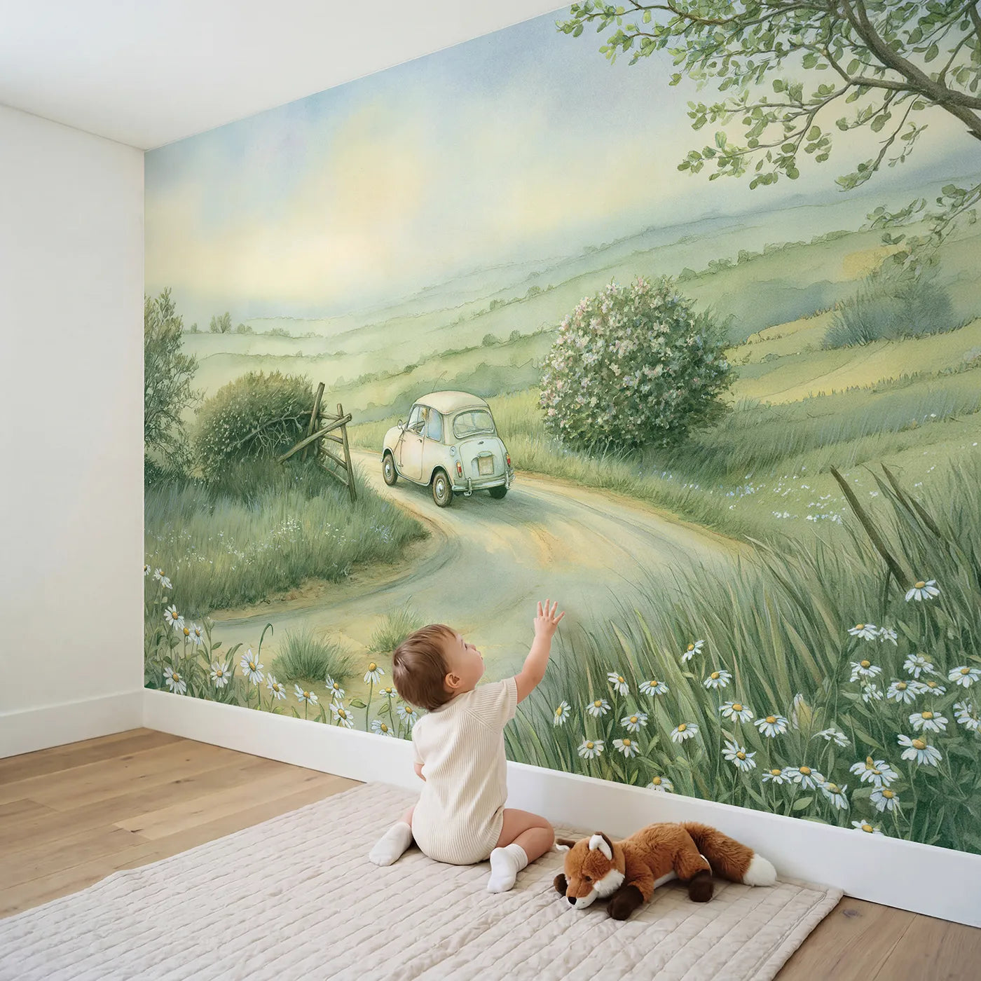 Child in nursery with Little Country Car Wallpaper Mural by Whimsy Tots