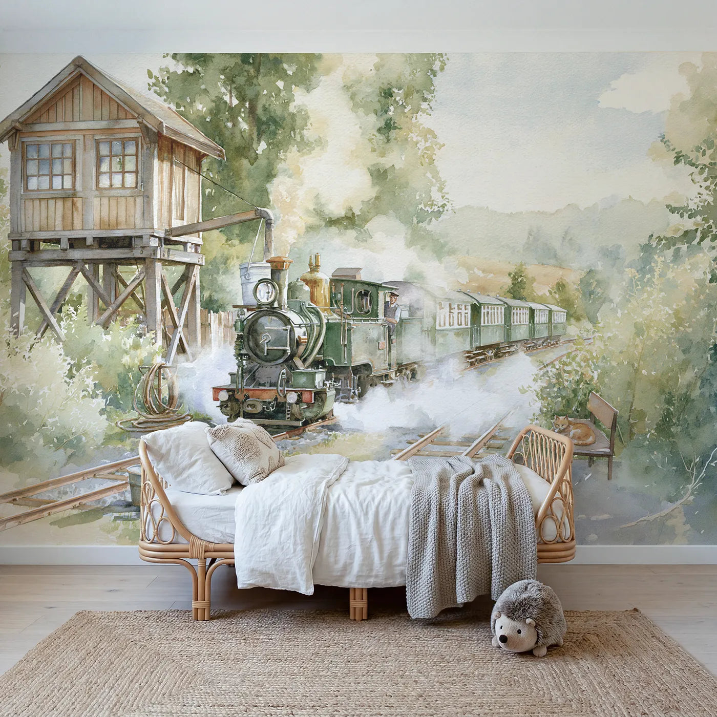 Watercolor steam engine drinking at a trackside water tower, mural for a bedroom by Whimsy Tots