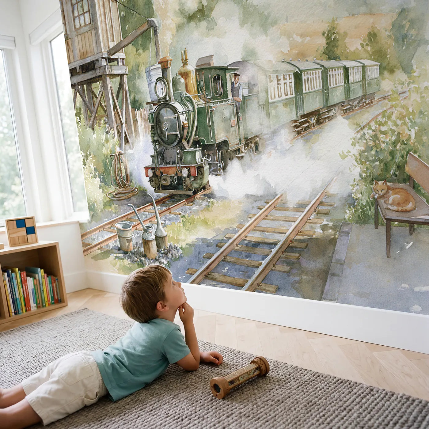 Child in nursery with The Water Stop Wallpaper Mural by Whimsy Tots