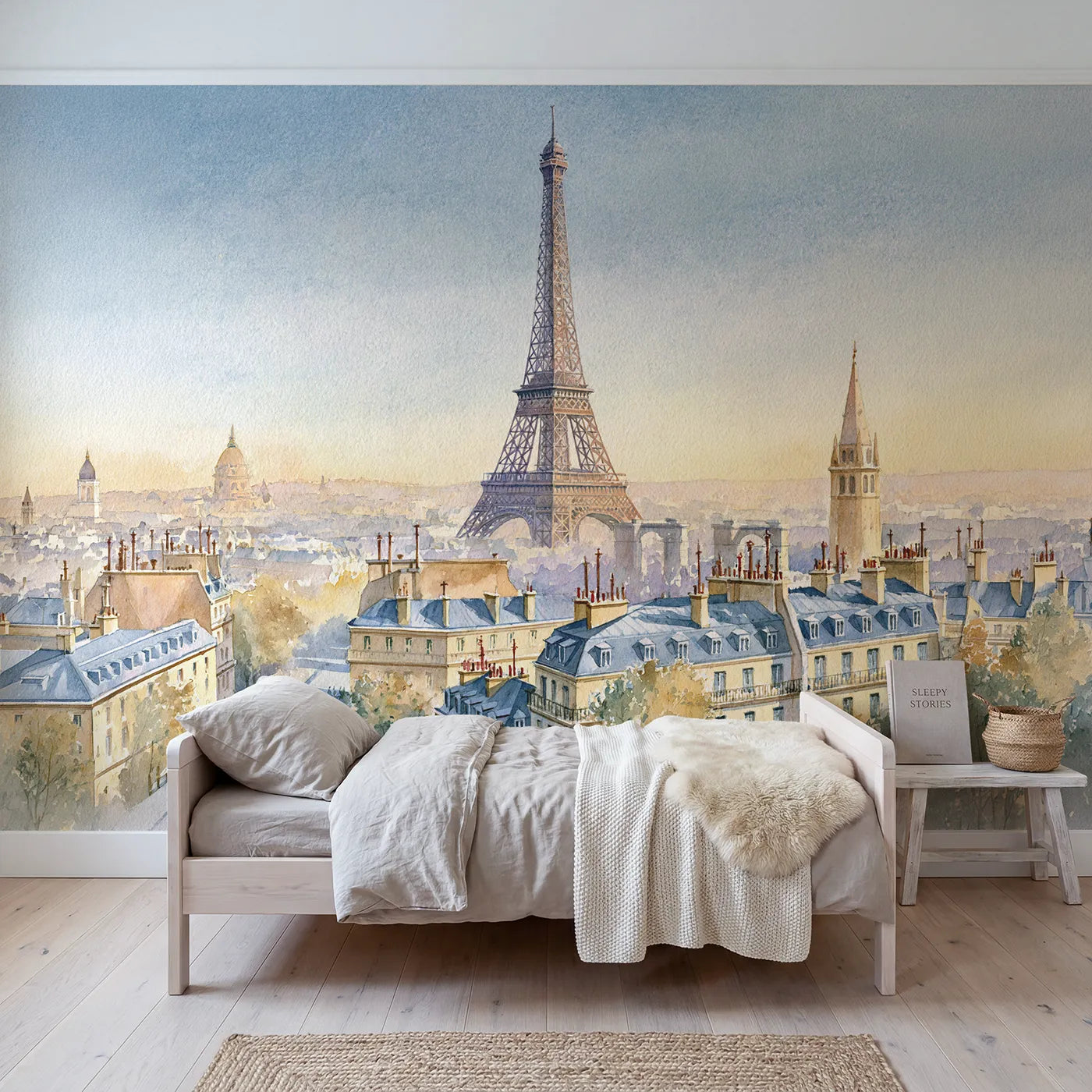 Watercolor wall mural of the Eiffel Tower over Paris by Whimsy Tots