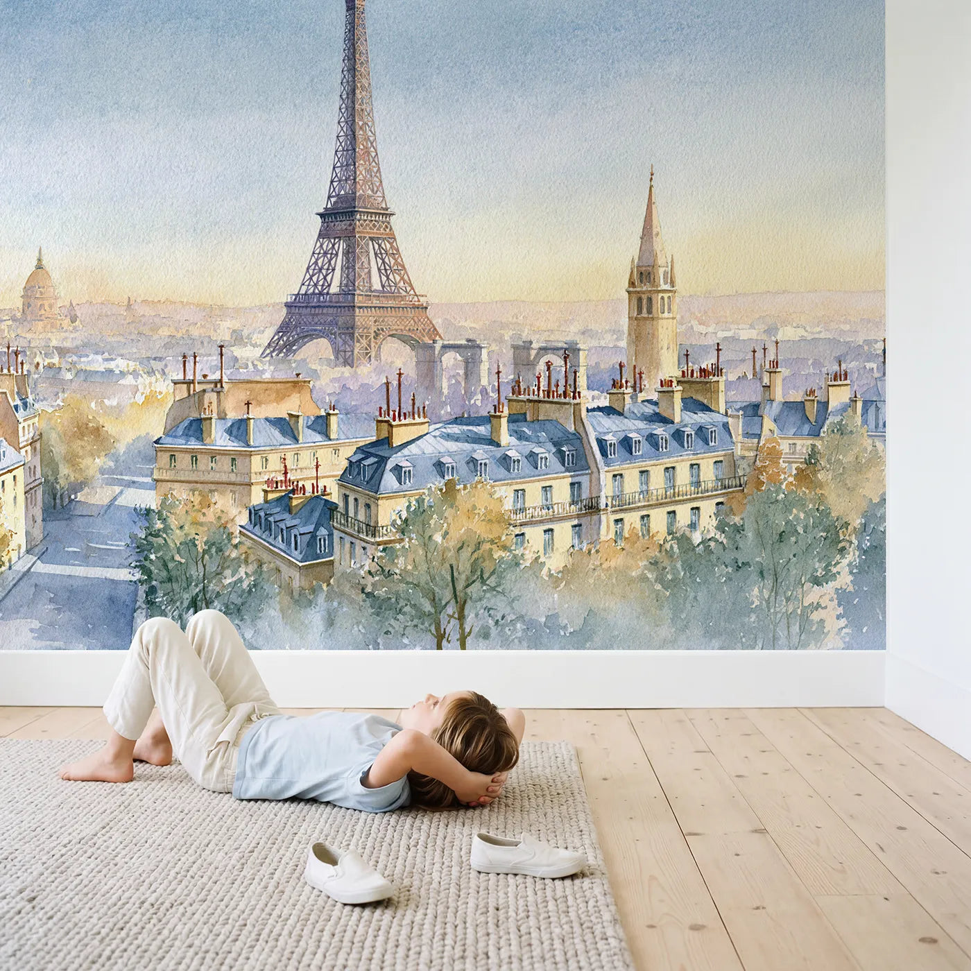 Child in nursery with Eiffel Tower Paris Wallpaper Mural by Whimsy Tots