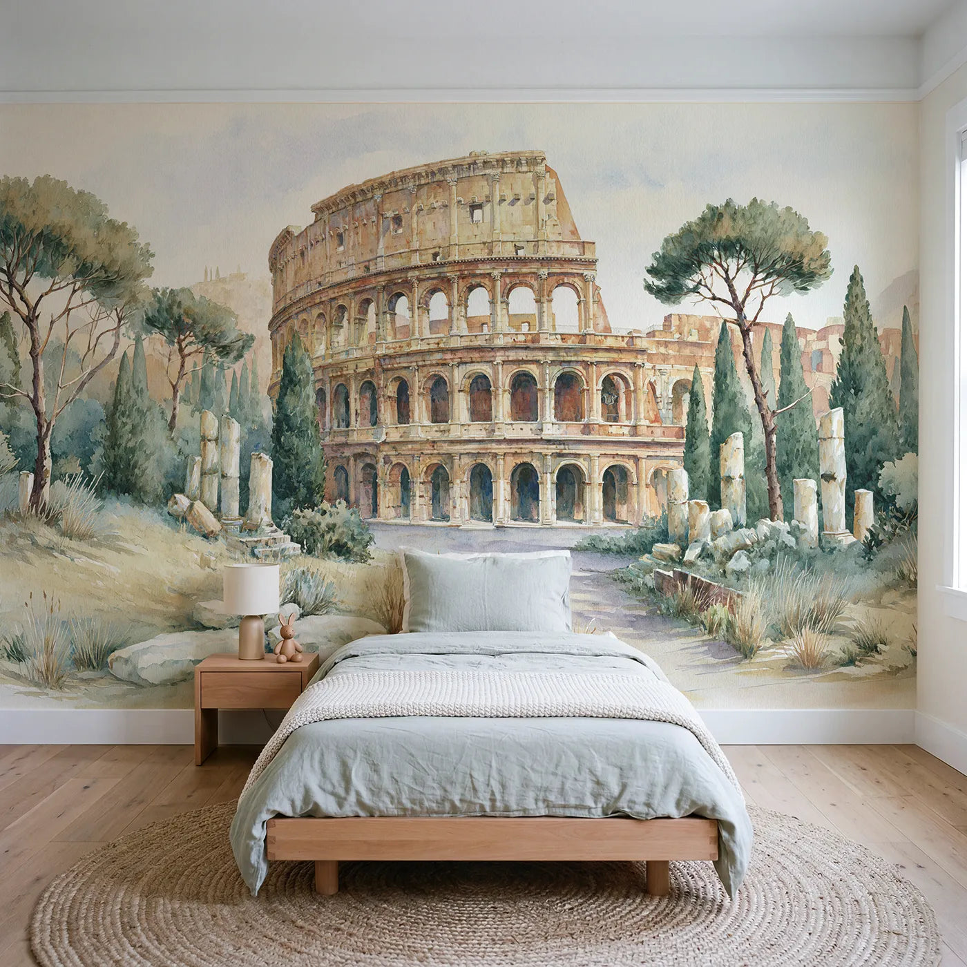 Watercolor wall mural of the Roman Colosseum by Whimsy Tots