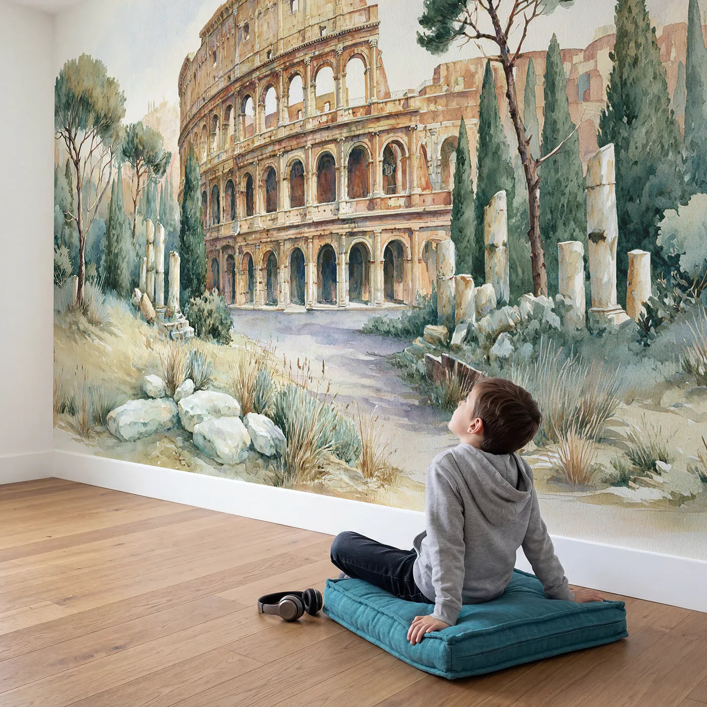 Child in nursery with Ancient Roman Colosseum Wallpaper Mural by Whimsy Tots