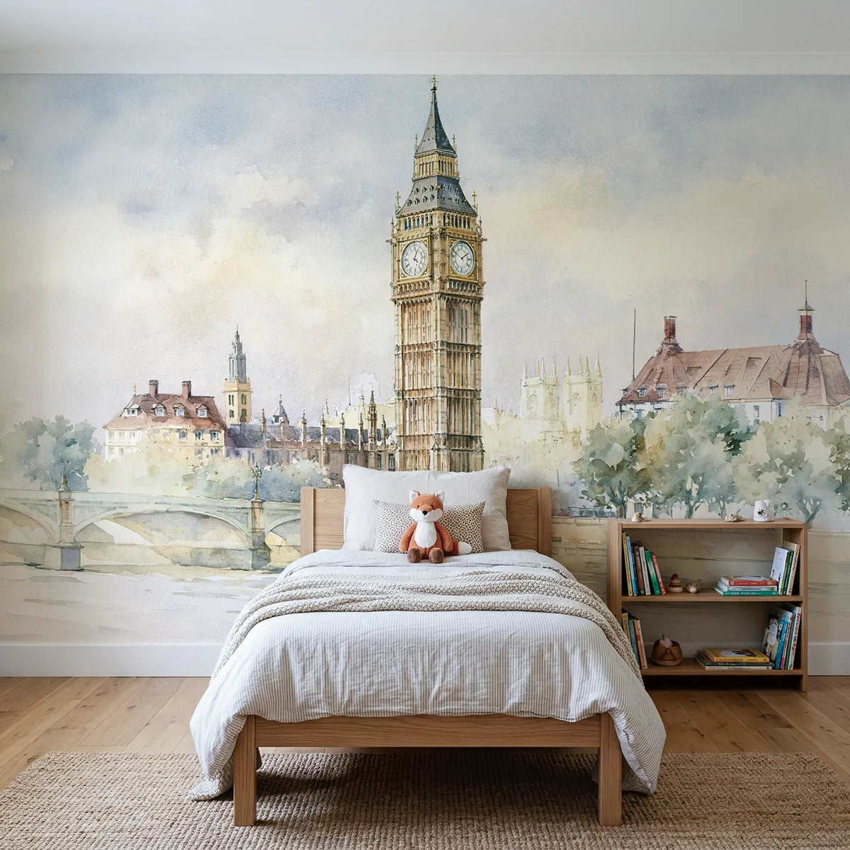Watercolor wall mural of the London clock tower by Whimsy Tots