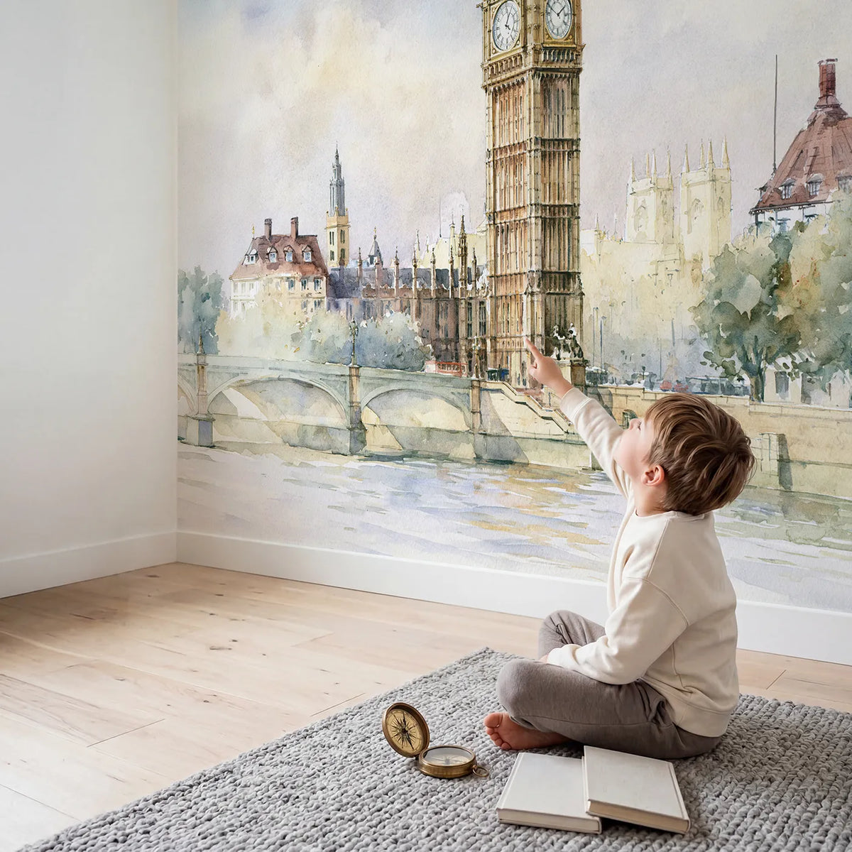 Child in nursery with London Clock Tower Wallpaper Mural by Whimsy Tots