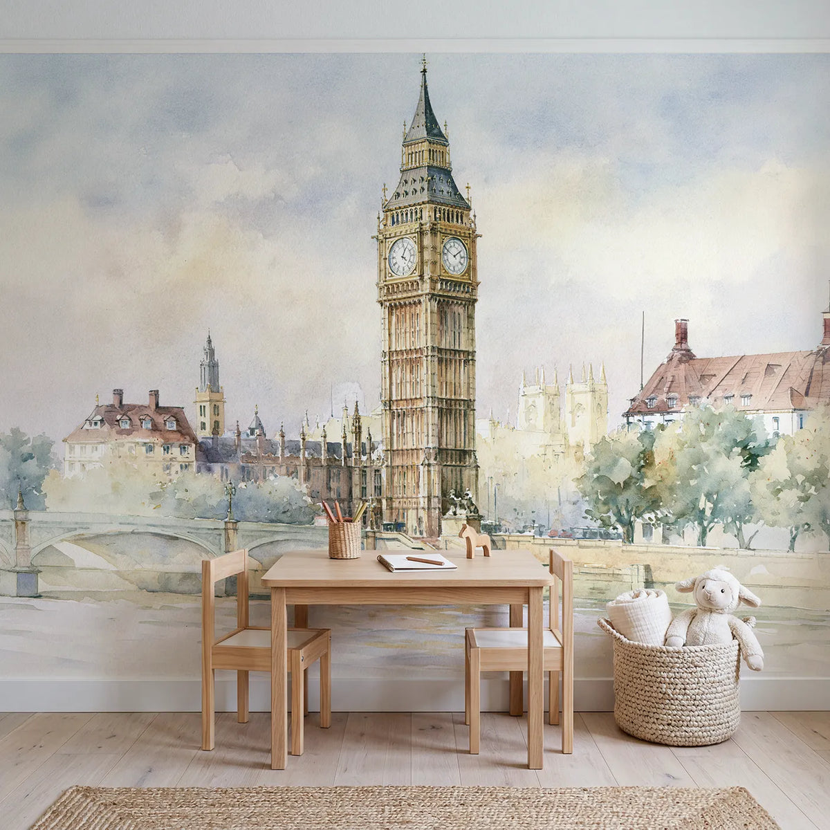 London Clock Tower Wallpaper Mural in playroom setting by Whimsy Tots