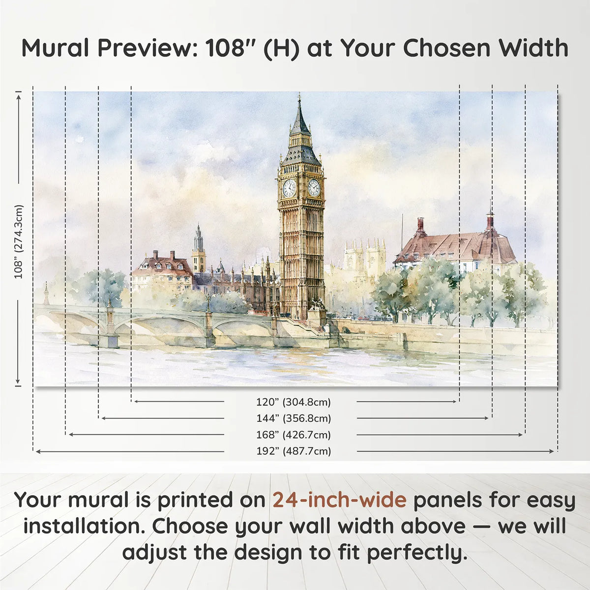 Panel layout and dimensions for London Clock Tower Wallpaper Mural by Whimsy Tots
