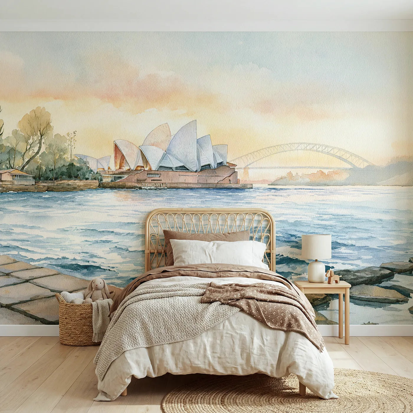 Watercolor wall mural of the Sydney Opera House by Whimsy Tots