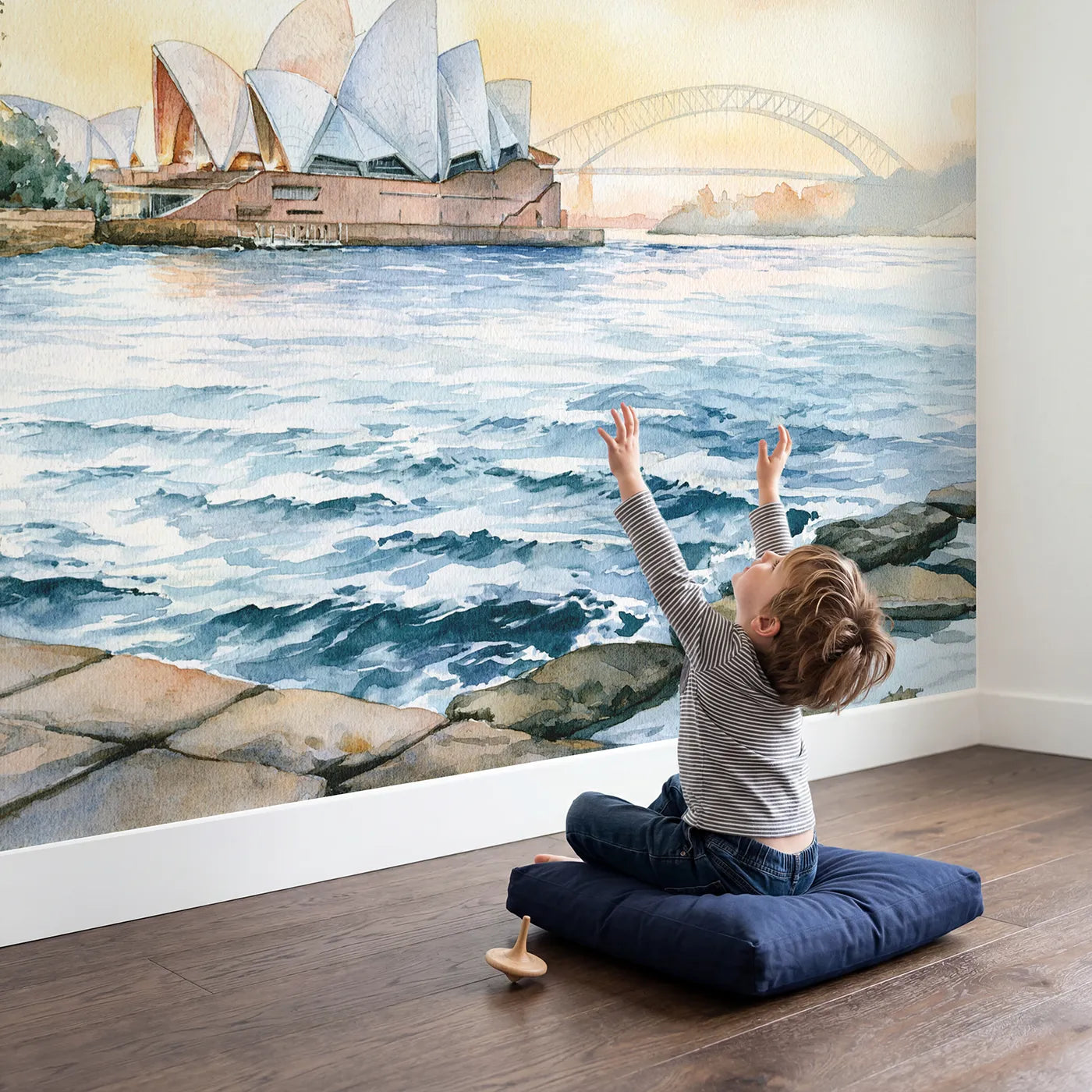Child in nursery with Sydney Opera House Wallpaper Mural by Whimsy Tots
