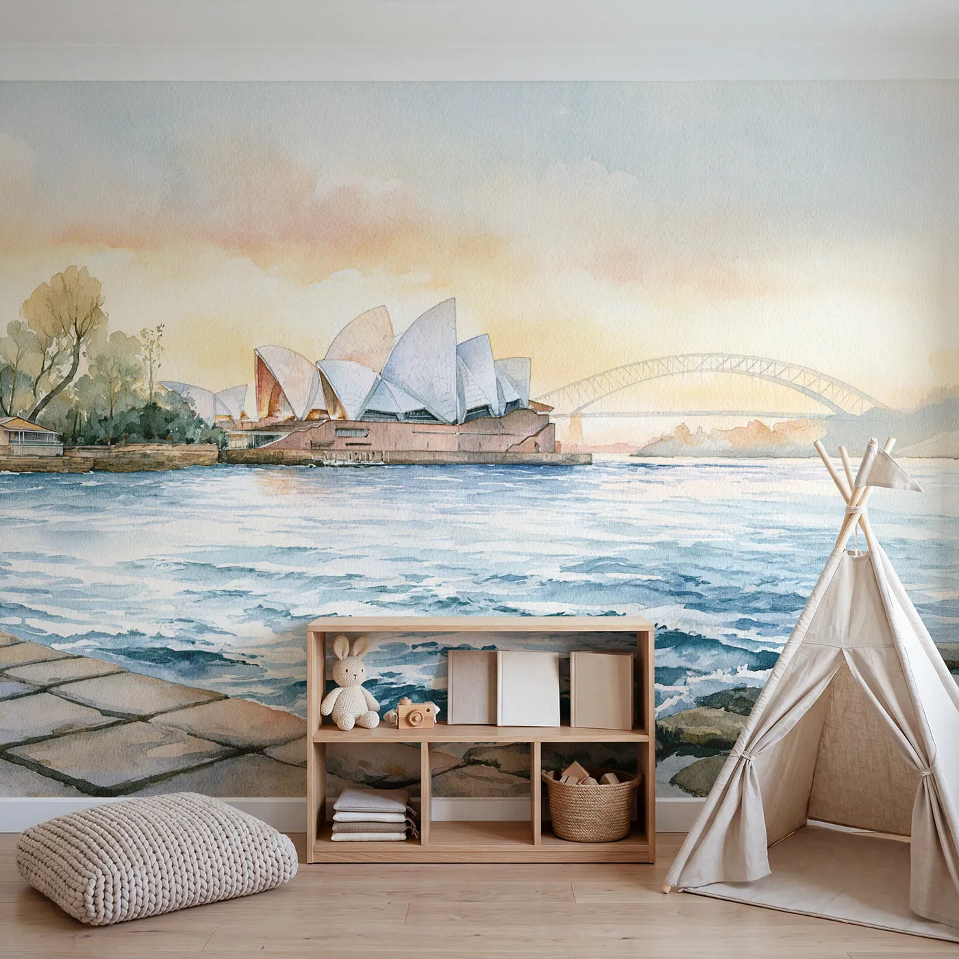 Sydney Opera House Wallpaper Mural in playroom setting by Whimsy Tots