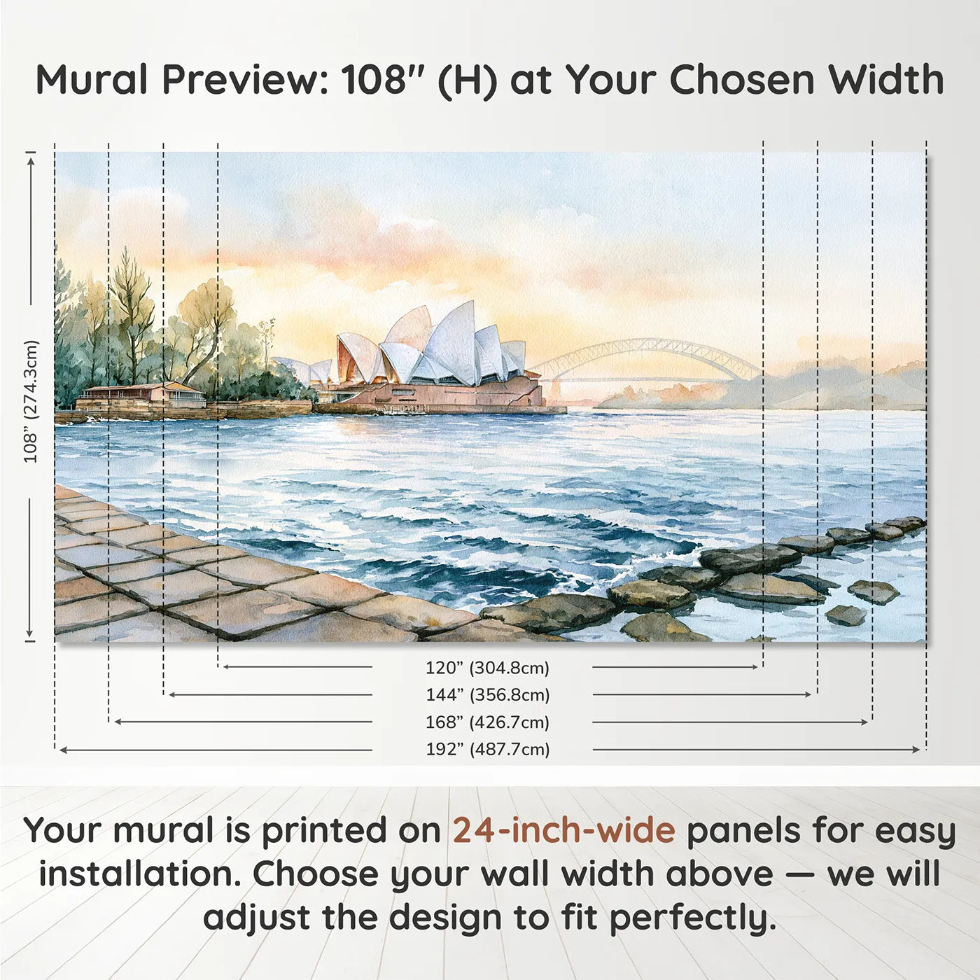 Panel layout and dimensions for Sydney Opera House Wallpaper Mural by Whimsy Tots
