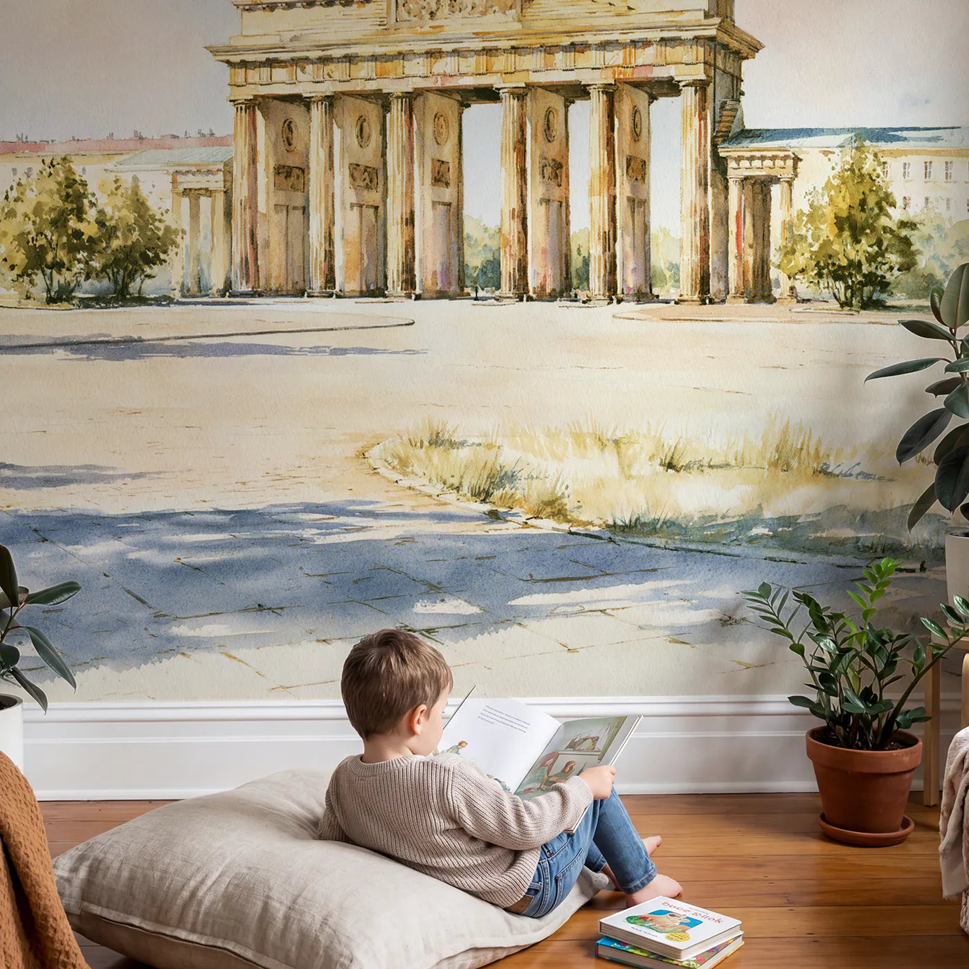 Child in nursery with Brandenburg Gate Berlin Wallpaper Mural by Whimsy Tots