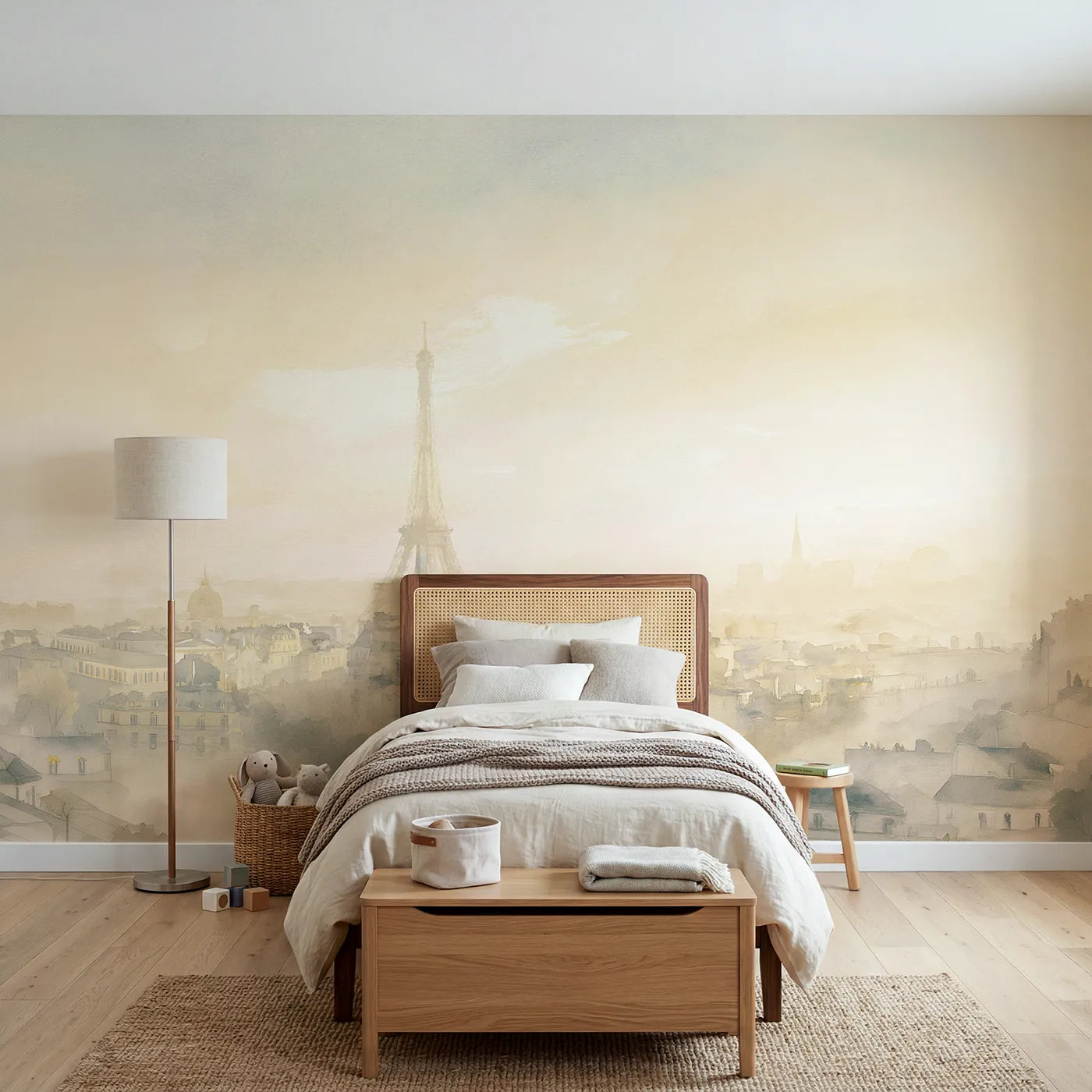 Watercolor wall mural of a misty Paris skyline by Whimsy Tots