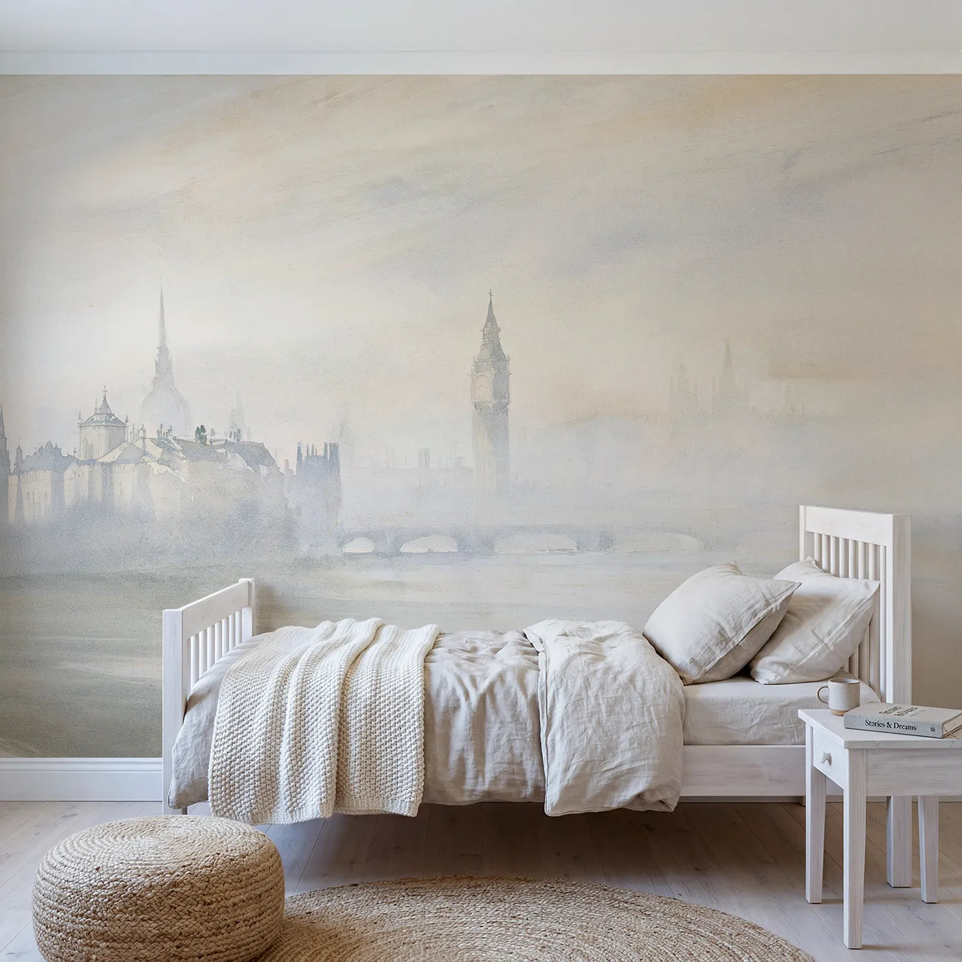 Watercolor wall mural of a hazy London skyline by Whimsy Tots