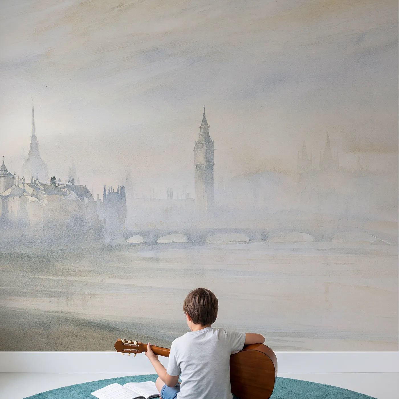 Child in nursery with Hazy London Skyline Wallpaper Mural by Whimsy Tots