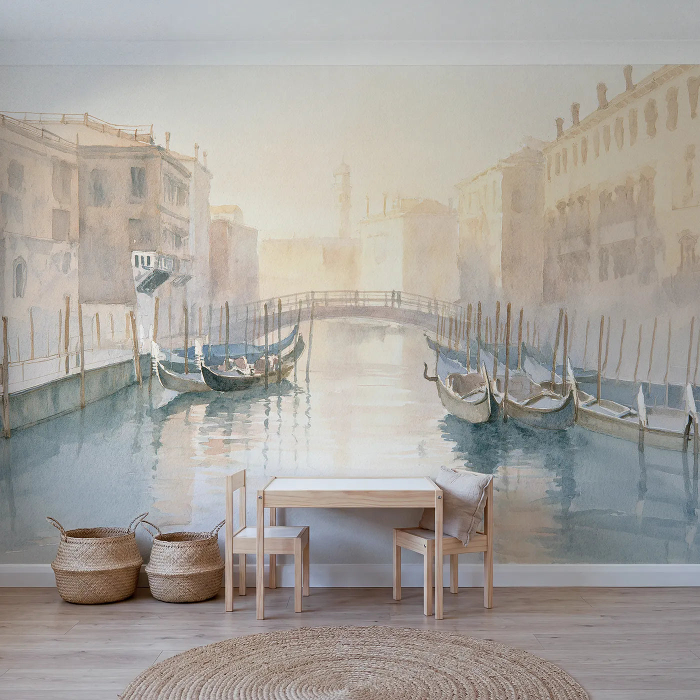 Watercolor wall mural of a quiet Venice canal by Whimsy Tots
