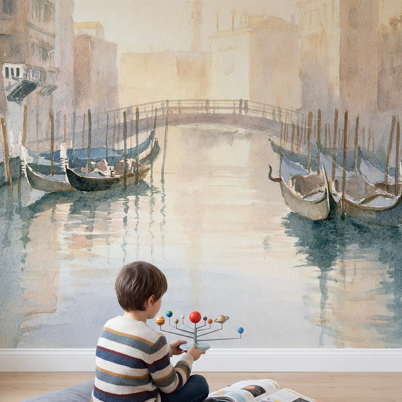 Child in nursery with Venice Canal Morning Wallpaper Mural by Whimsy Tots