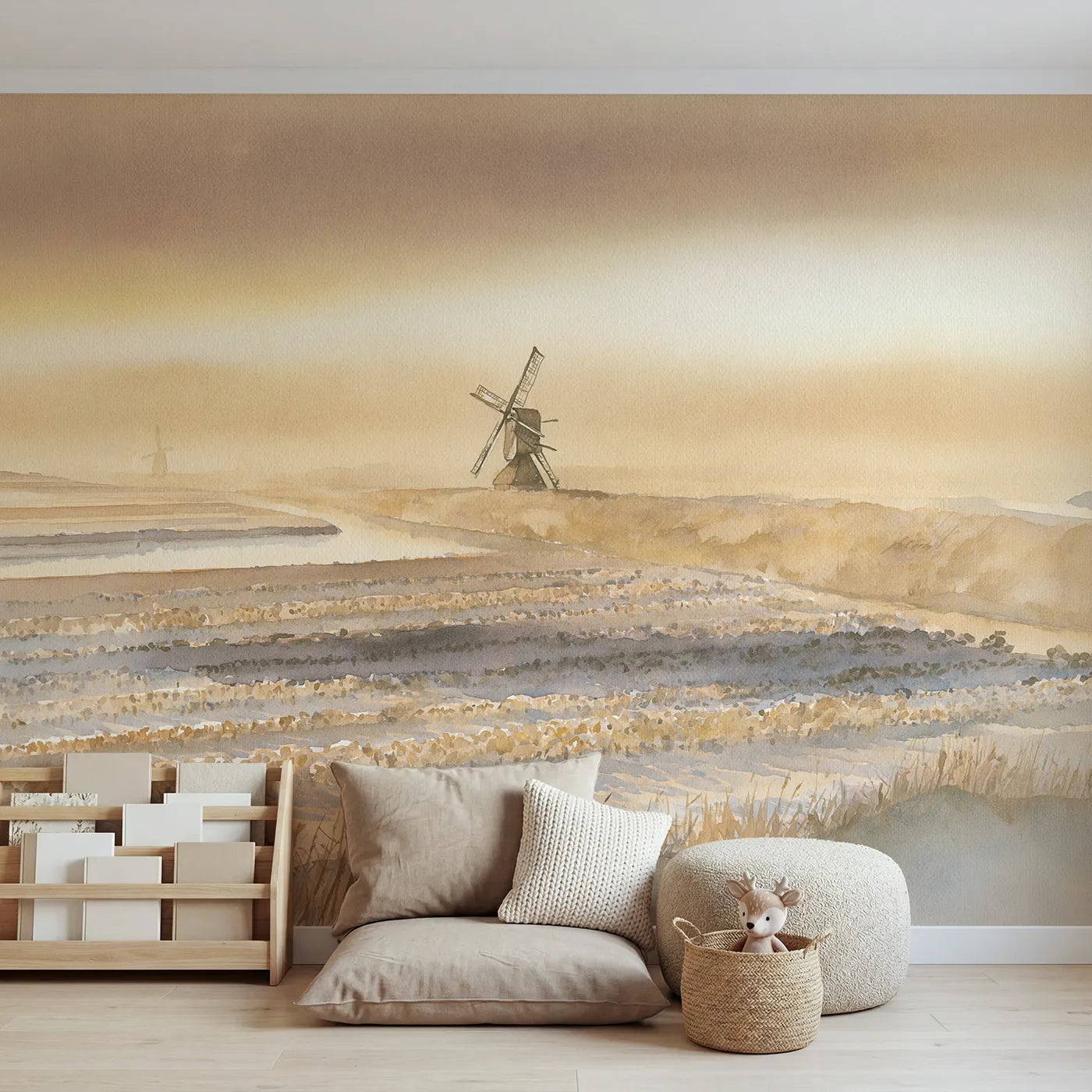 Watercolor wall mural of Dutch windmills and tulips by Whimsy Tots