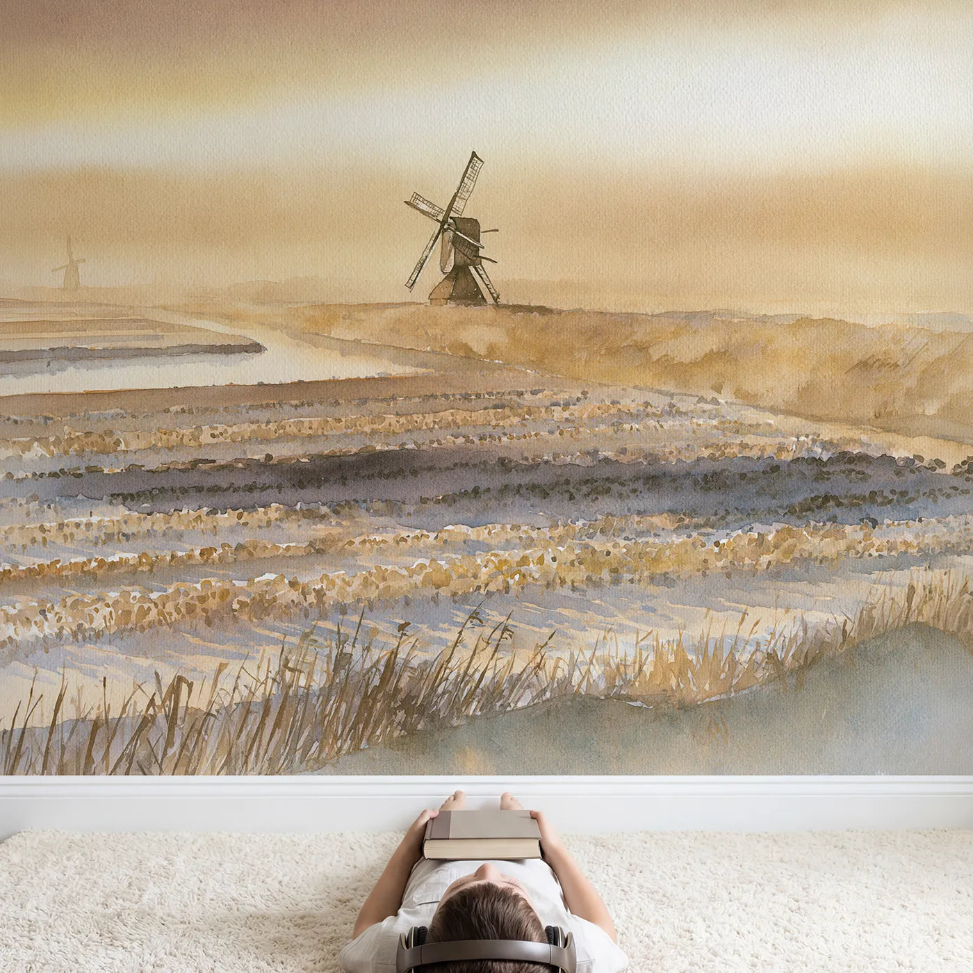 Child in nursery with Dutch Windmill Fields Wallpaper Mural by Whimsy Tots