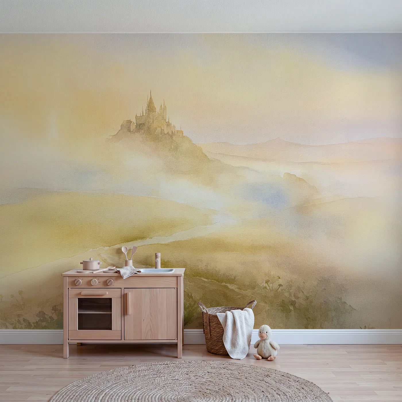 Watercolor wall mural of a fairytale hilltop castle by Whimsy Tots