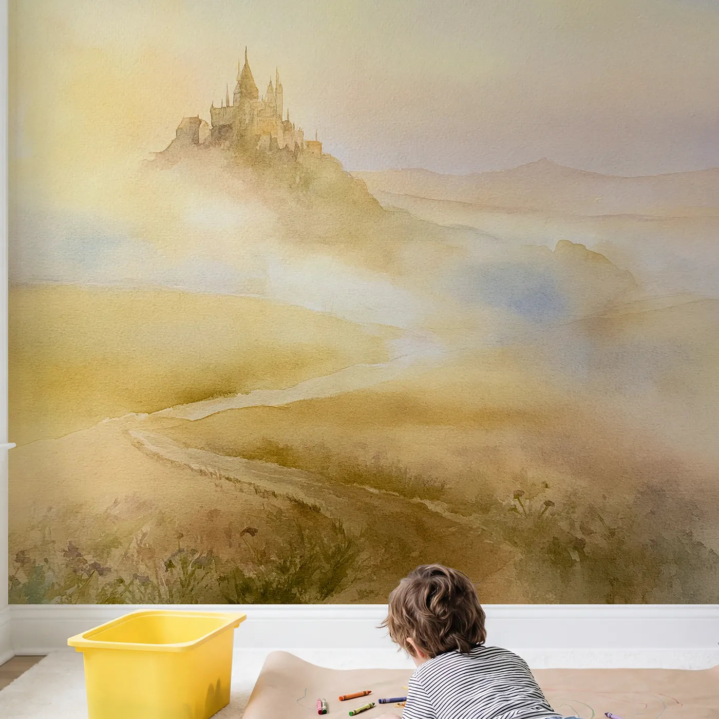 Child in nursery with Hilltop Fairytale Castle Wallpaper Mural by Whimsy Tots