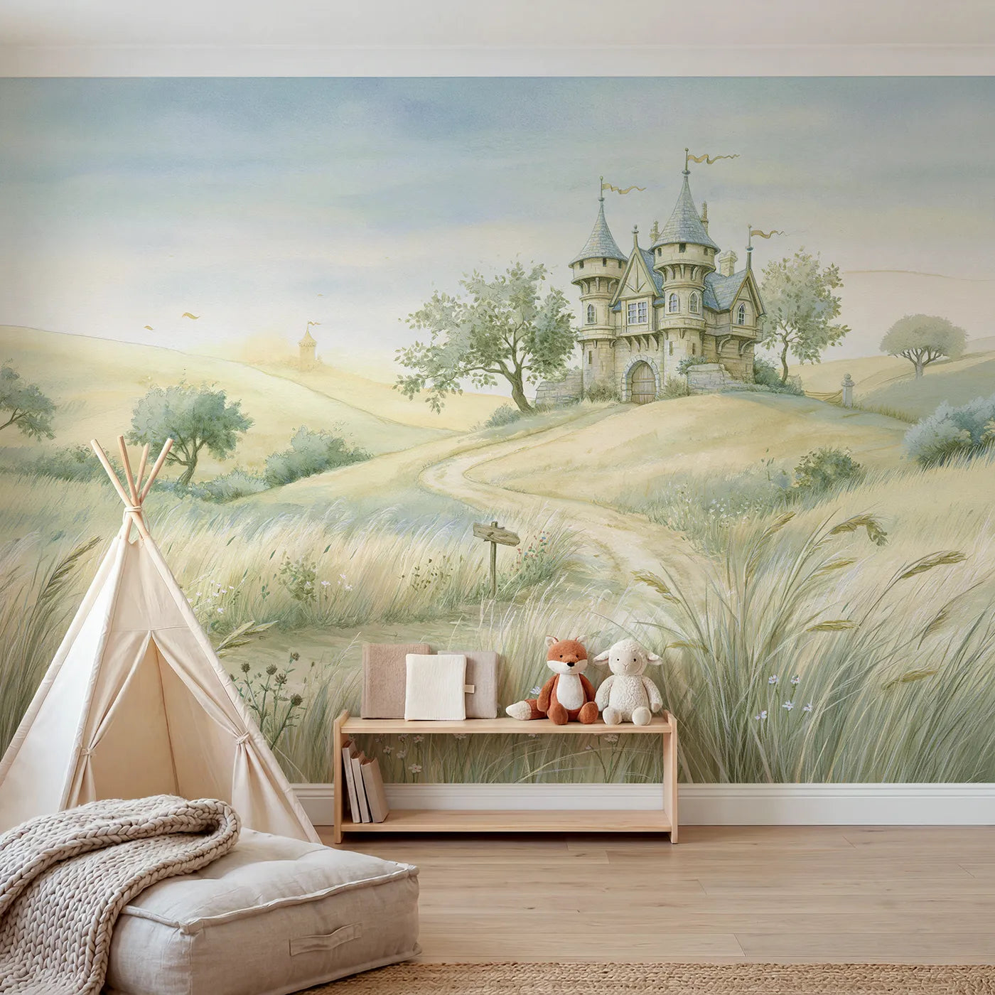 Storybook wall mural of a friendly castle adventure by Whimsy Tots