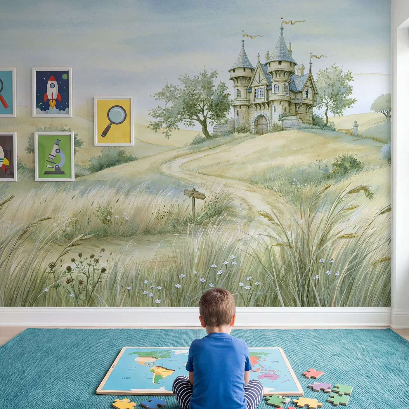 Child in nursery with Castle Adventure Day Wallpaper Mural by Whimsy Tots