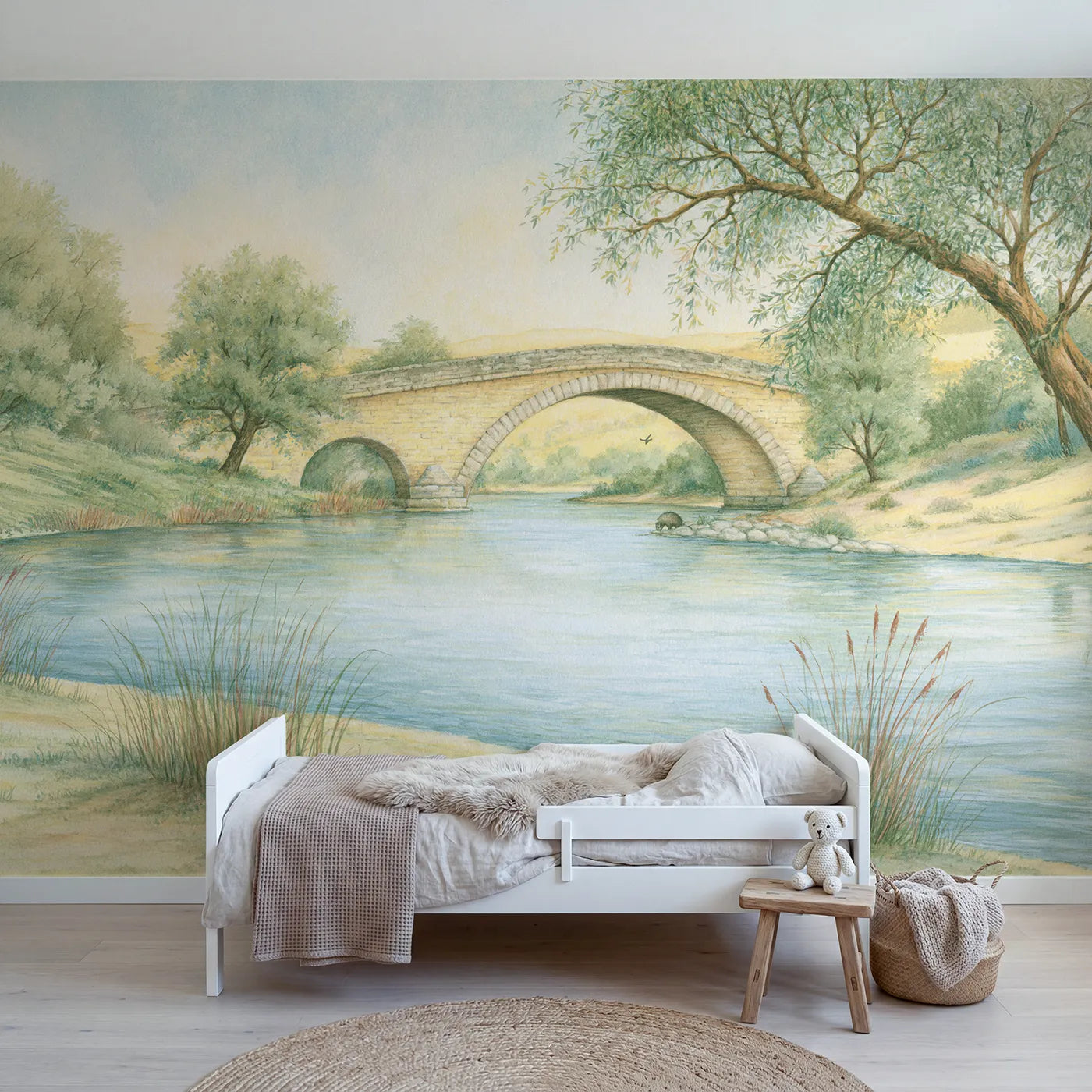 Storybook wall mural of a bridge discovery walk by Whimsy Tots