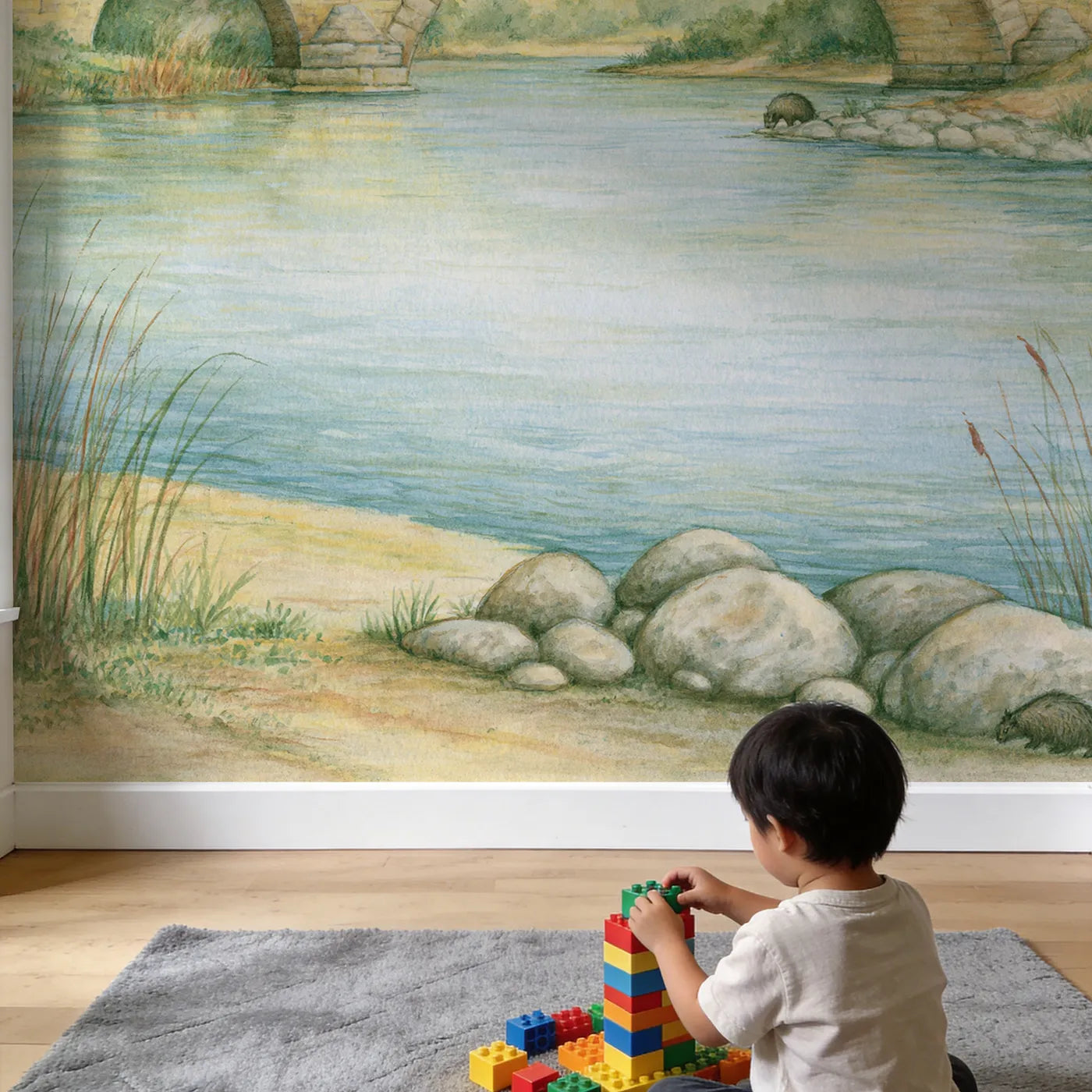 Child in nursery with Bridge Discovery Walk Wallpaper Mural by Whimsy Tots