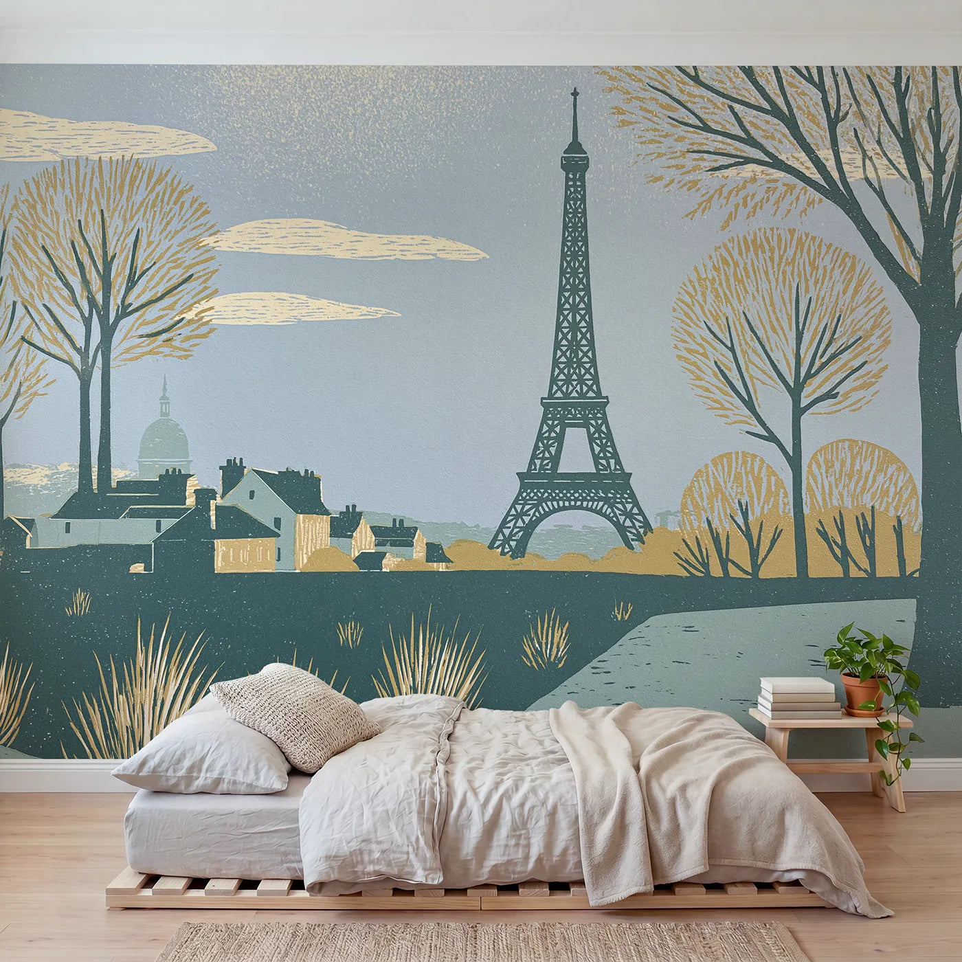 Linocut wall mural of a bold Eiffel Tower by Whimsy Tots