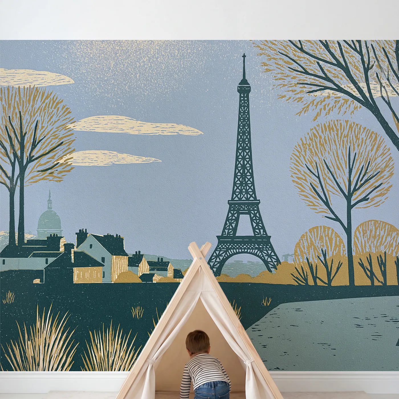 Child in nursery with Linocut Eiffel Tower Wallpaper Mural by Whimsy Tots