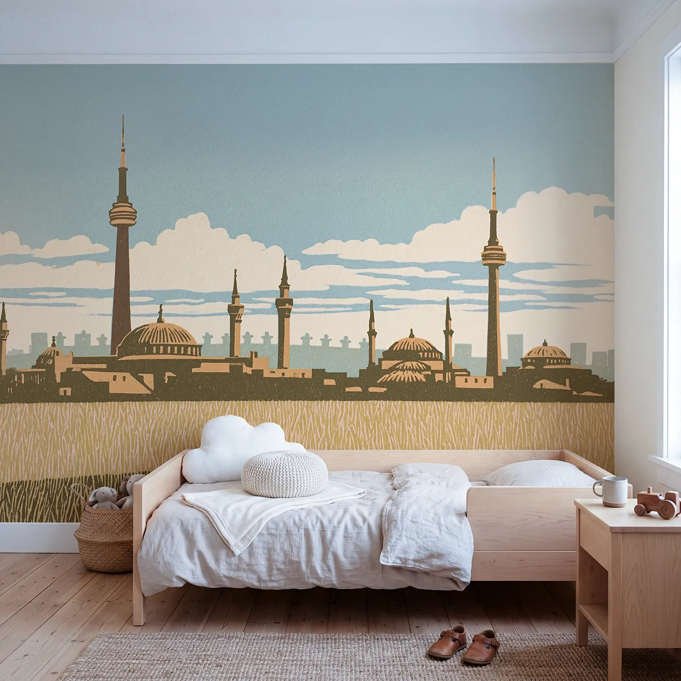 Linocut wall mural of a famous towers skyline by Whimsy Tots