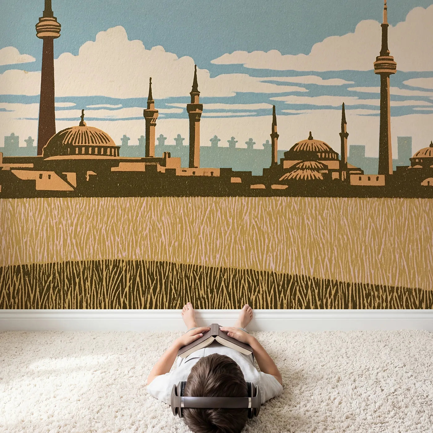 Child in nursery with Linocut City Skyline Wallpaper Mural by Whimsy Tots