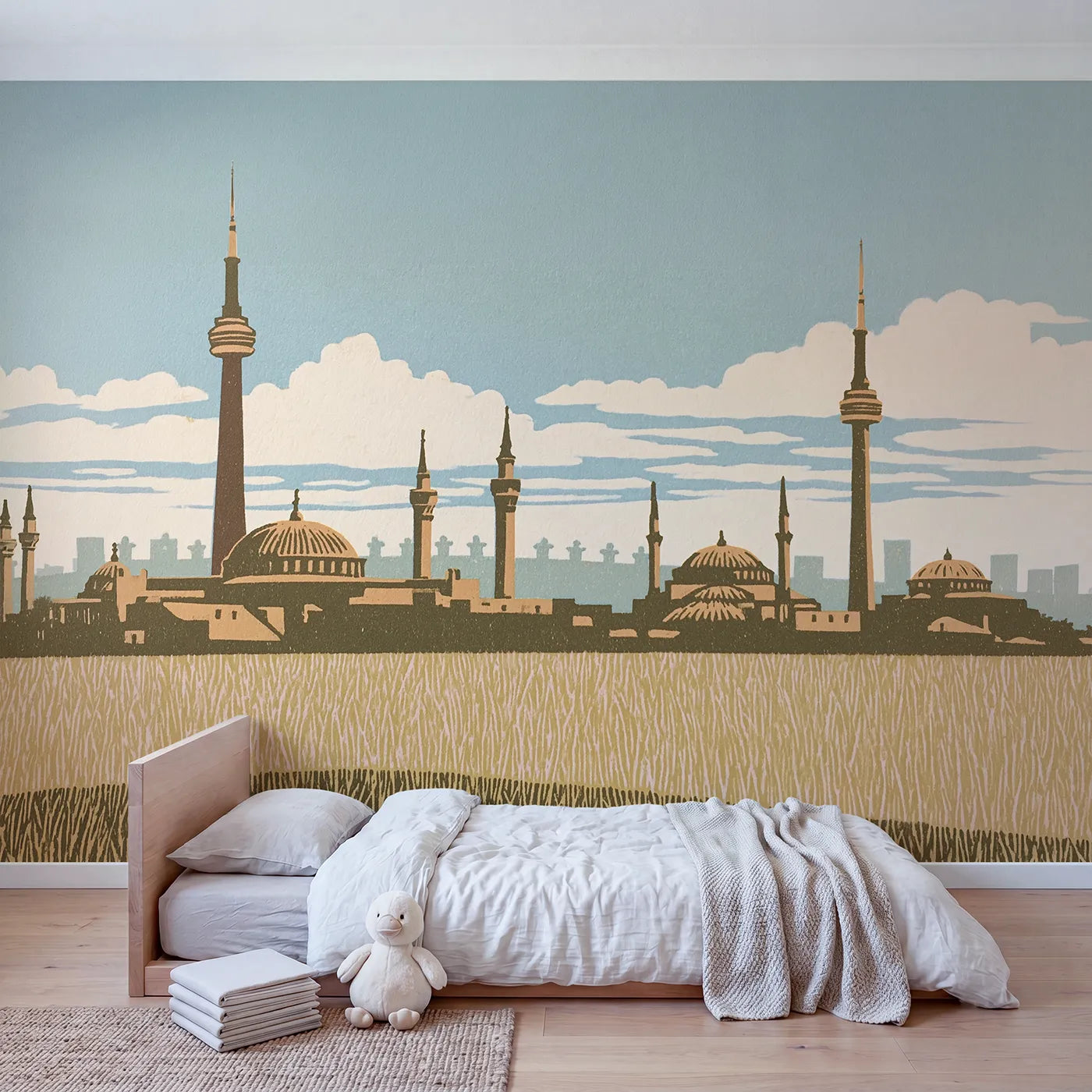 Linocut City Skyline Wallpaper Mural in playroom setting by Whimsy Tots