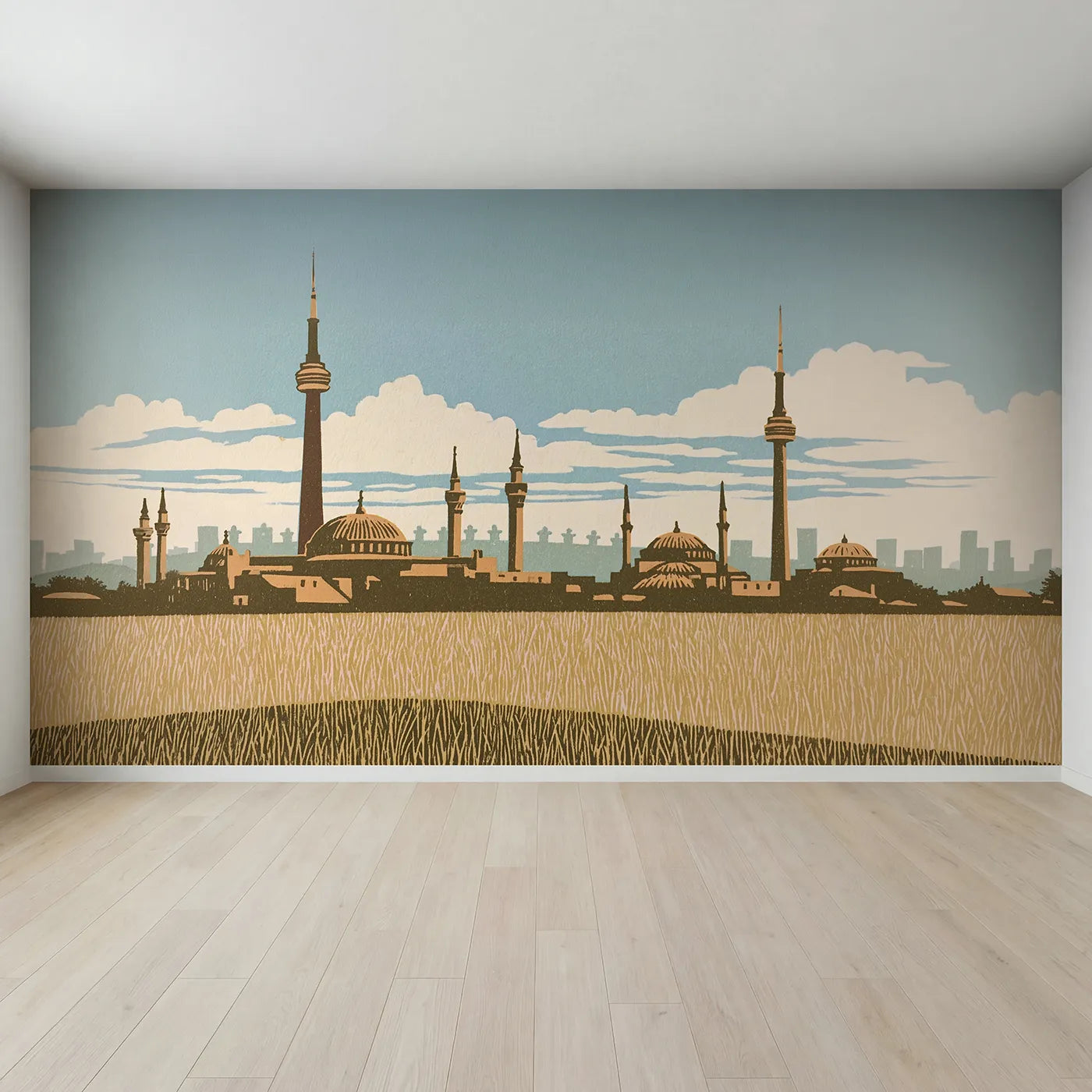 Full view of Linocut City Skyline Wallpaper Mural by Whimsy Tots