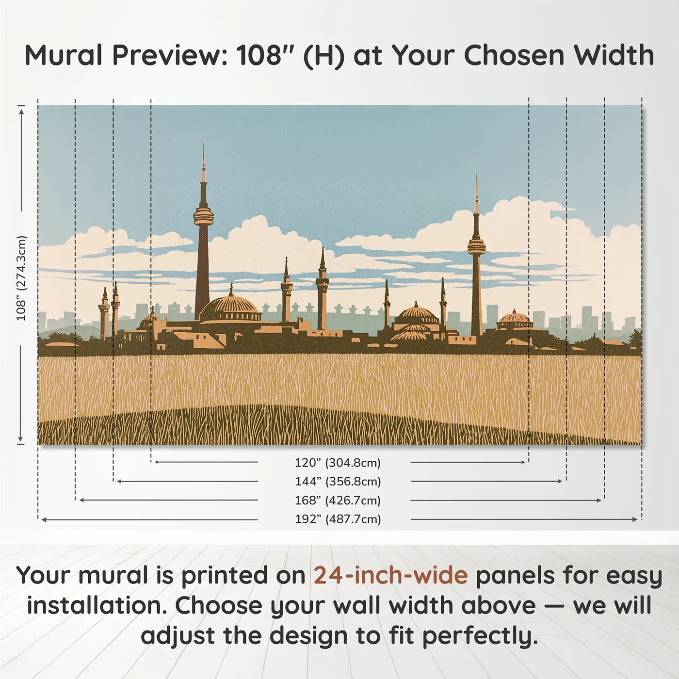 Panel layout and dimensions for Linocut City Skyline Wallpaper Mural by Whimsy Tots