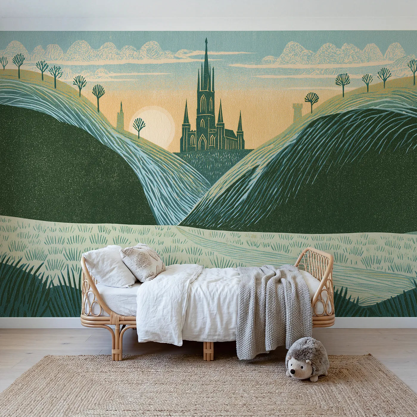 Linocut wall mural of a bold castle silhouette by Whimsy Tots