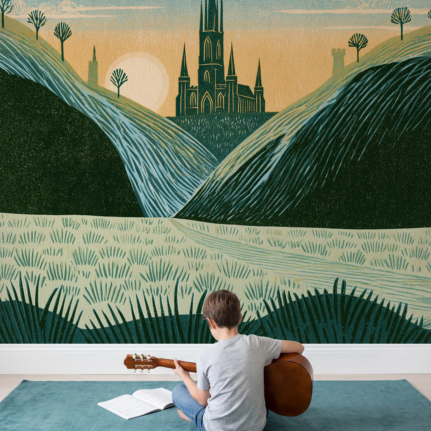 Child in nursery with Linocut Castle Spires Wallpaper Mural by Whimsy Tots
