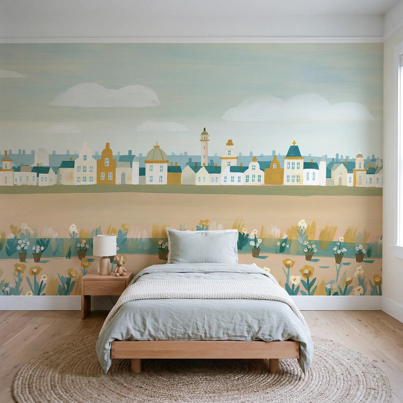 Gouache wall mural of folk city buildings by Whimsy Tots