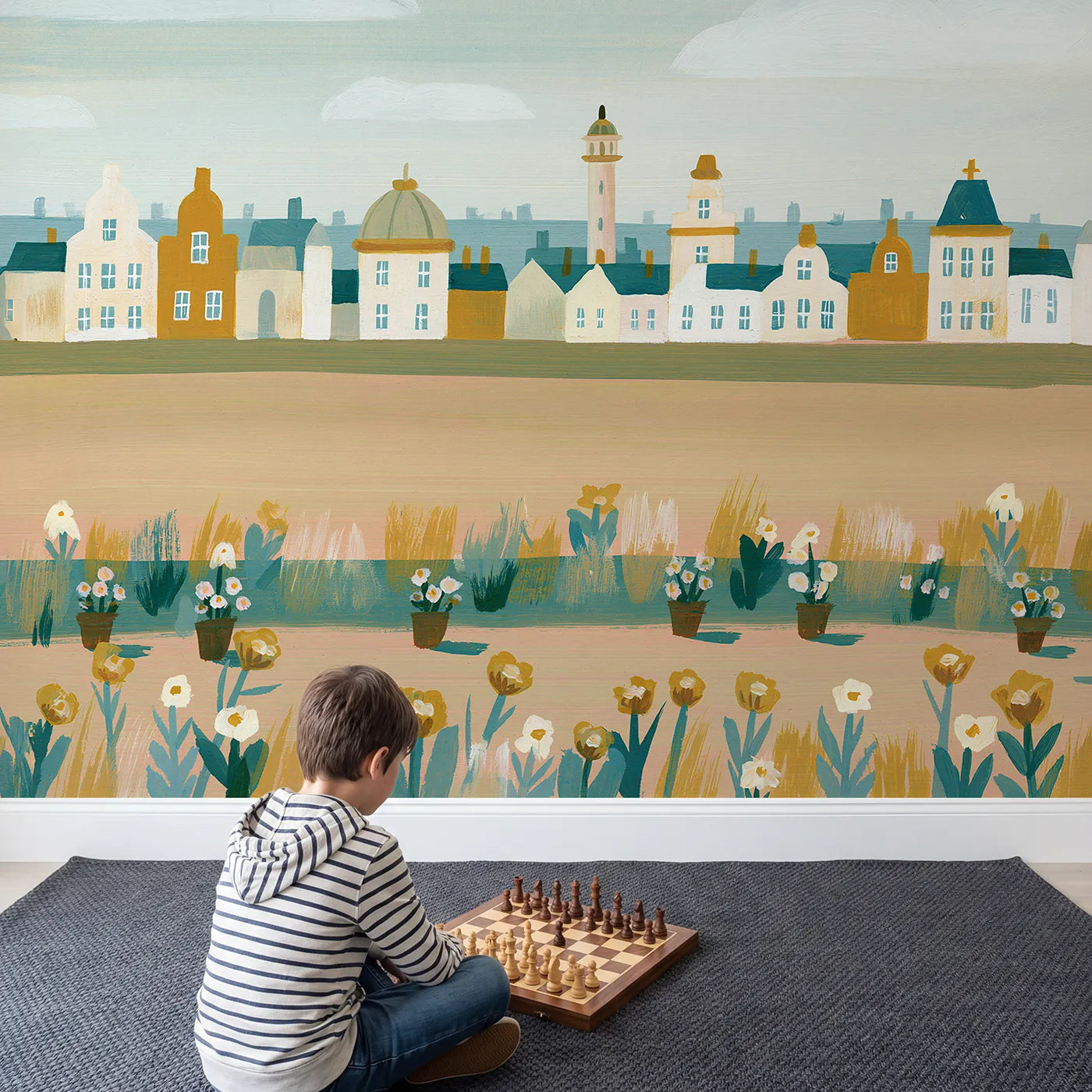 Child in nursery with Folk City Buildings Wallpaper Mural by Whimsy Tots