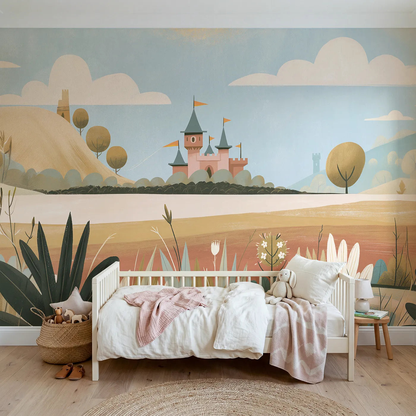 Gouache wall mural of a bold folk castle by Whimsy Tots