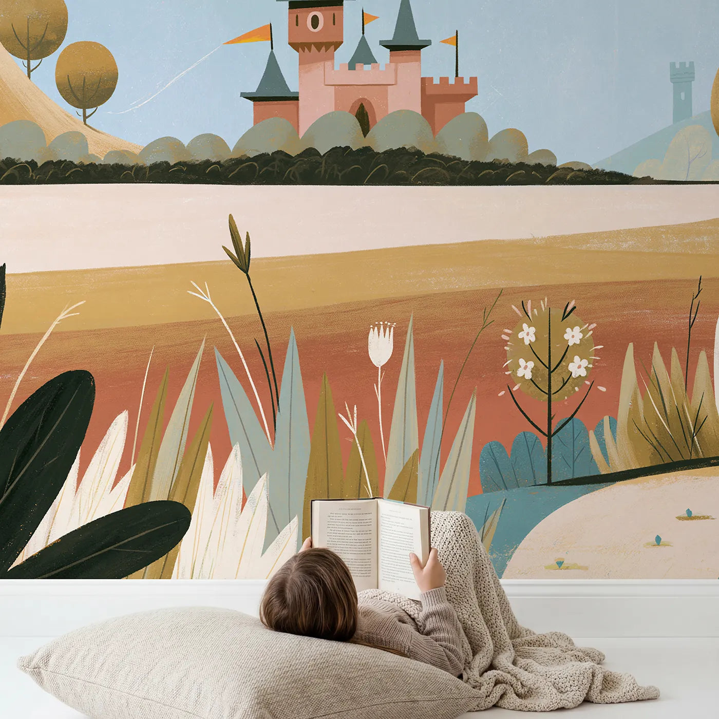 Child in nursery with Folk Castle Shapes Wallpaper Mural by Whimsy Tots