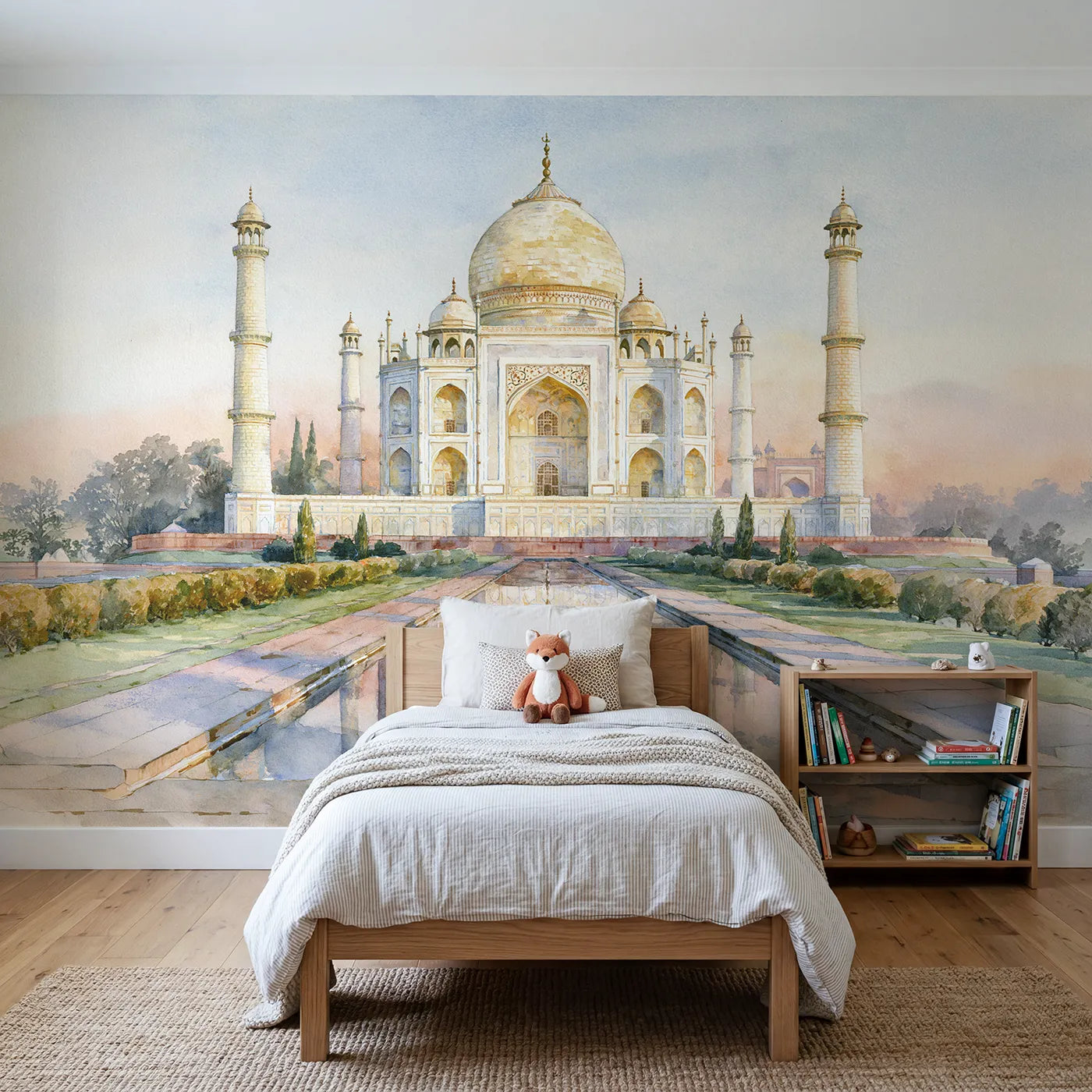 Watercolor wall mural of the Taj Mahal and pool by Whimsy Tots