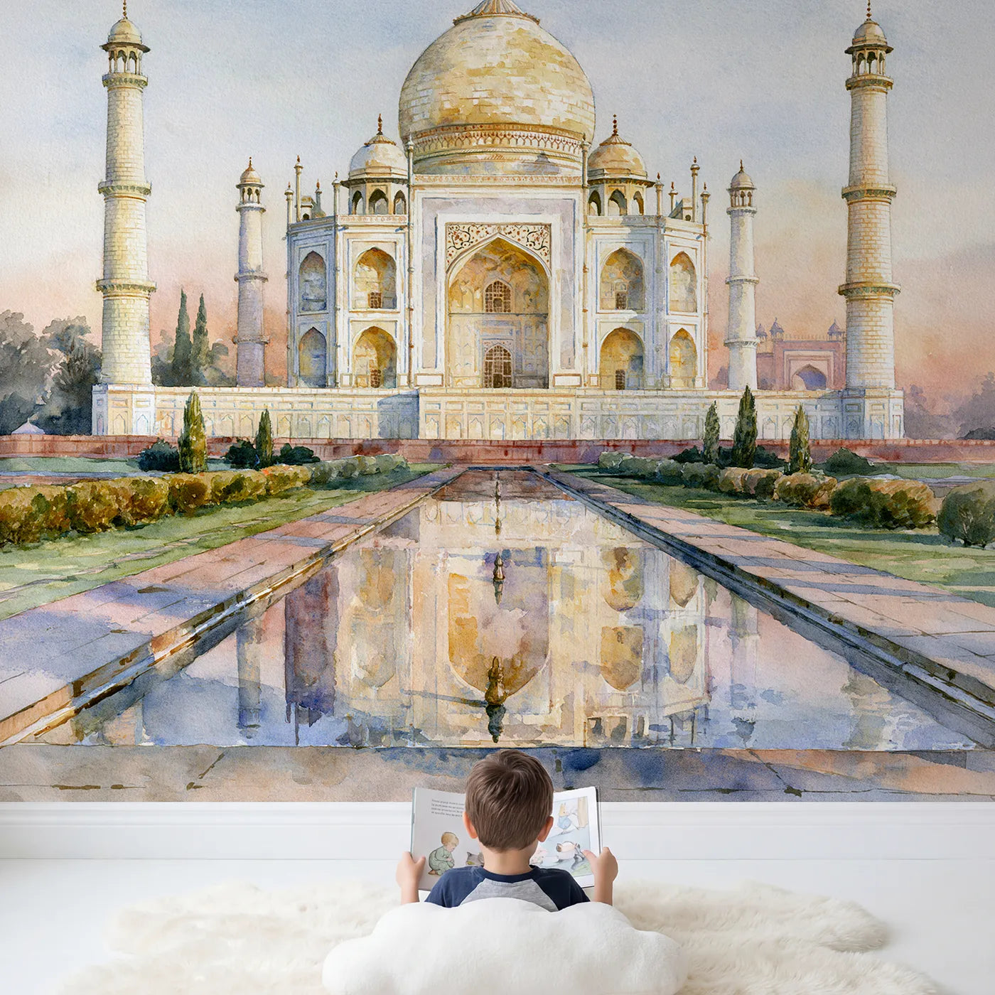 Child in nursery with Taj Mahal Palace Wallpaper Mural by Whimsy Tots