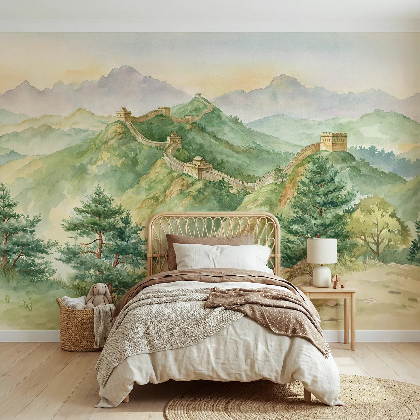 Watercolor wall mural of the Great Wall in mountains by Whimsy Tots